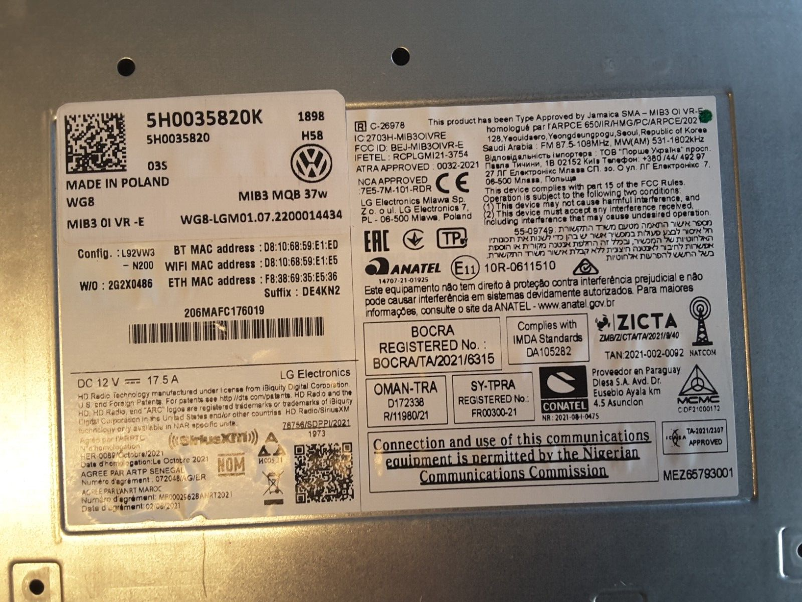 Sistema de navegación original VW Golf 8 ECU MIB3 MQB WG8 Head-Up Unit 5H0035820K